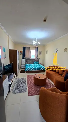 Luxurious fully furnished studio with a semi-separate kitchen and open view ✨ Ajman Al Jurf 2 Jasmine Towers. For monthly rent.
