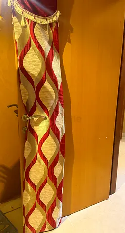 Pair of decorative red  beige curtain panels with tassel trim - 2 set  door length