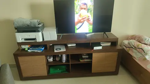 Wooden TV Cabinet with Storage Shelves and Cupboard Doors - Good Condition with tv