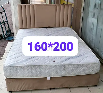 Queen Size Bed Frame with Mattress 160x200 cm - Beige Upholstered Headboard