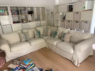 Large L-shaped 6-seater Slipcovered Fabric Sofa – Cream/Off-white