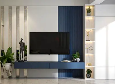 Blue classic tv unit with panel console and side storage