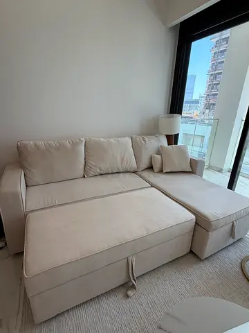 Light Beige L-Shaped Sofa Bed with Storage - Like New