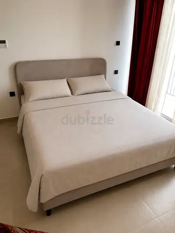 Light Grey Upholstered queen Bed with Headboard - Excellent Condition