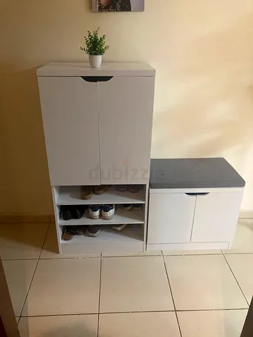White Modular Shoe Cabinet with Storage Ottoman - Compact Entryway Organizer