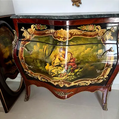 Vintage Hand-Painted Bombe Chest with Marble Top