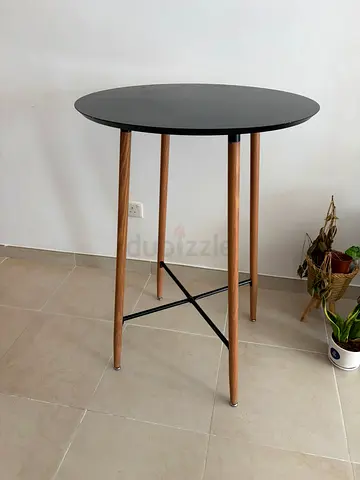 Round Bar/High Table with Black Top and Wooden Legs - Good Condition