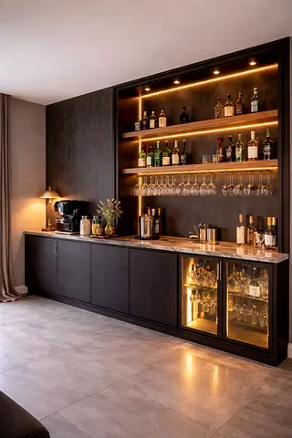 Built-in Home Bar Cabinet with Shelving and Glass Display