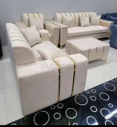 Brand New Modern Cream Velvet 3-Piece Sofa Set with Gold Accents