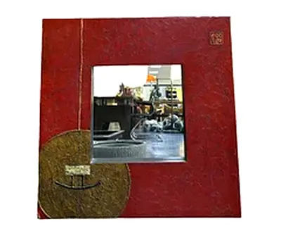 Red Decorative Wall Mirror with Textured Frame