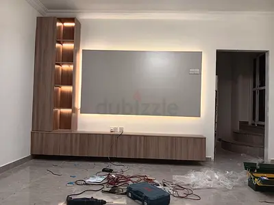 Wall-mounted TV Entertainment Unit with LED Shelves - Light Wood Finish