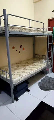 Metal Bunk Bed with Two Mattresses - Sturdy Grey Frame