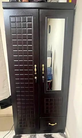 Dark Wood 2-Door Wardrobe with Mirror and Drawer - Good Condition