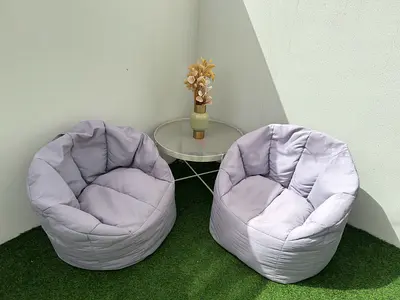 Pair of Light Grey Padded Bean Bag Lounge Chairs with Side Table