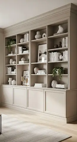 Large Built-in Wall Bookcase / Display Cabinet - Neutral Finish