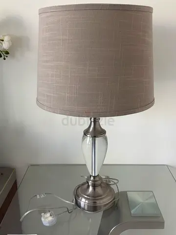 Pair of neutral table lamp and floor standing lamp - glass  metal bases