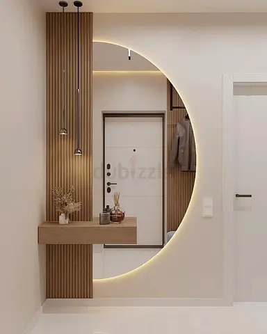 Round LED Backlit Wall Mirror with Wooden Slat Console - Modern Entryway Set