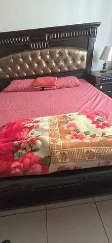 Classic Dark Wood Bed Frame with Padded Gold Headboard - full bedroom set