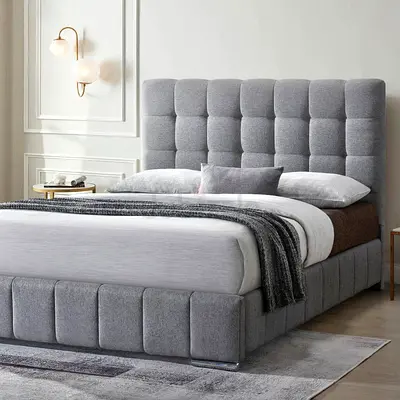 Modern Upholstered Grey Bed Frame with Tufted Headboard