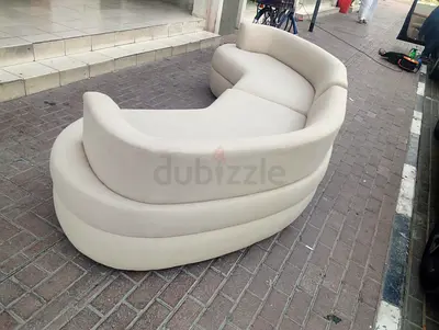 Curved Cream Fabric Sofa — Unique Modern Lounge Piece