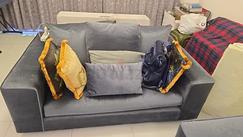 Compact 7 Seater Grey Velvet Sofa in Good Condition