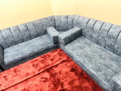 Majlis arabic style 7 cusions 2 center tables, res carpet, curtains -grey fabric sectional sofa -