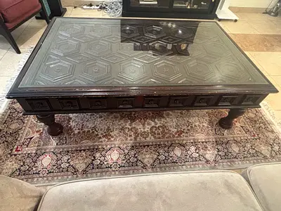 Solid Wood Carved Coffee Table with 2 side tables with Glass Top - Dark Finish