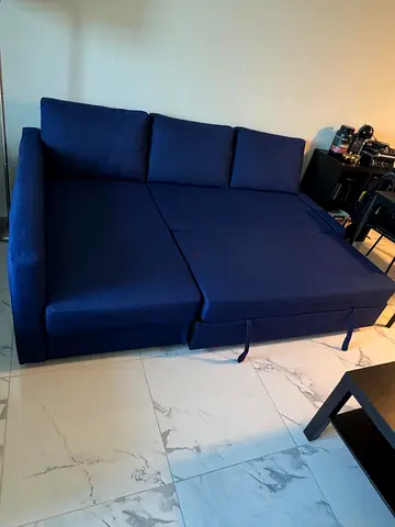Blue fabric sofa bed - converts to large double bed, good condition