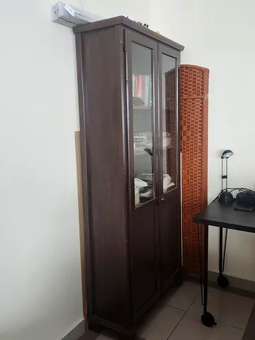 Tall Wooden Wardrobe / Display Cabinet with Glass Doors - Solid Dark Finish - negotiable