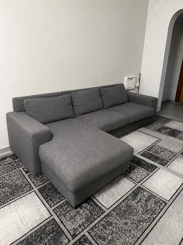 Grey L-shaped Fabric Sofa - 3-seater Corner with Ottoman