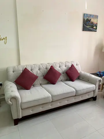 Light Beige Tufted 3-Seater 2- seater Sofa with Wooden Base