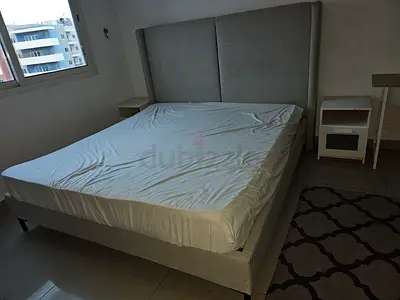 Grey Fabric Double Bed Frame with Headboard (Includes 2 Nightstands + metal vanity table)