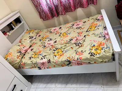 Pan Home Bedroom Set- Queen size bed, mattress, 3 door big wardrobe, 2 Drawer table 1.5 old