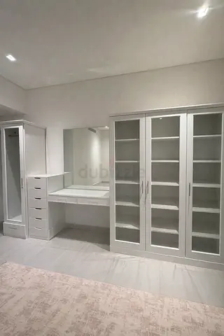 White Built-in Wardrobe with Glass Doors and Dressing Table without mirror