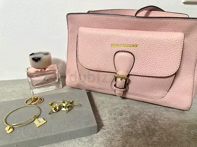 Light Pink Burberry STYLE Crossbody Bag with Jewelry and Perfume bundle
