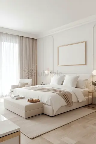 Cozy modern king size fabric bed with optional matching bench and side tables