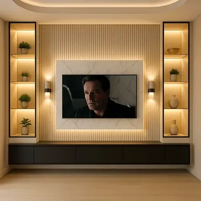 Modern Built-in Entertainment Wall Unit with Display Shelves and LED Backlight