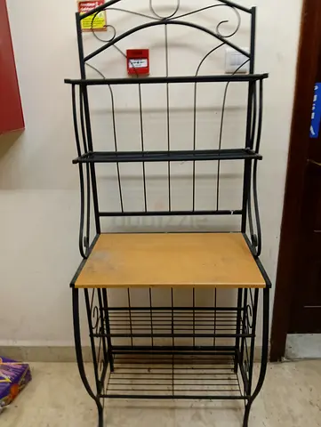 Black Metal Kitchen Rack with Wooden Worktop — 3 Shelves + Storage