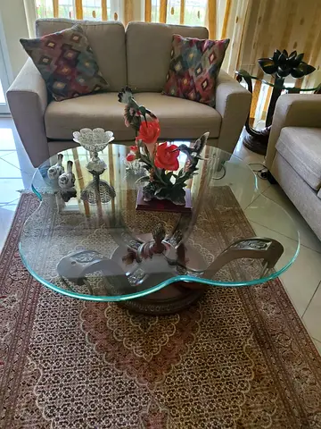 Italian Glass Top Coffee Table with Ornate Wooden Base by plus side table - excellent Condition