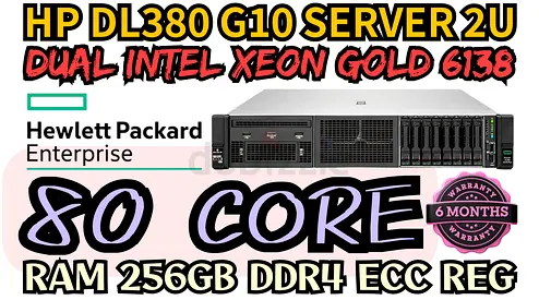 2 INTEL XEON GOLD 6138 HP PROLIANT DL380 G10 SERVER 80 CORE RAM 256GB DDR4 ECC SSD DRIVE 3TB