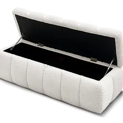 White Upholstered Storage Bench / Ottoman with Lift-Up Lid