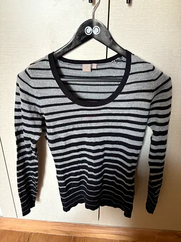Grey and black striped long-sleeve sweater, size small