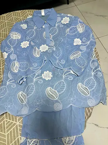 Light Blue crochet Embroidered Two-Piece Womens Set (Top + Pants) – Coord Set - New