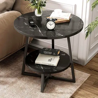 Modern Round Side Table with Storage Shelf – Marble Design
