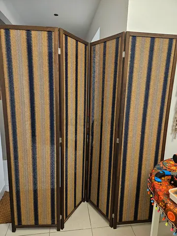 PanHome Folding Woven Room Divider / Privacy Screen - Natural Striped Design