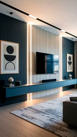 Modern floating TV console with decorative wall panels and LED lighting
