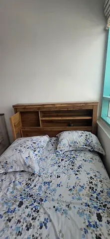 Wooden Double Bed with Built-in Headboard Storage