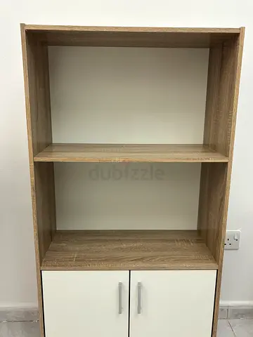 Wall-mounted storage cabinet with open shelves and drawers - oak finish
