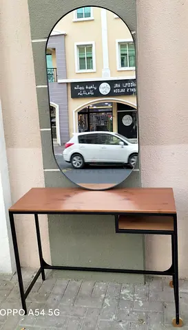 Wood Top Console Table with Oval Mirror - Minimalist Hallway Set