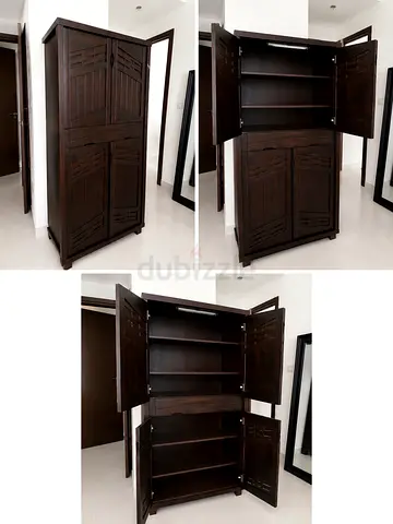 Dark Wood Tall Storage Cabinet / Wardrobe - Solid Shelving